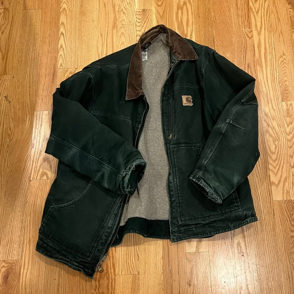 2XL Emerald Green Vtg Distressed Sherpa Lined Carhartt Duck Jacket - Picture 5 of 8